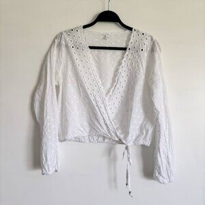 Nordstrom BP White Eyelet Wrap Long Sleeve Cropped Sheer Layering Top Size Mediu